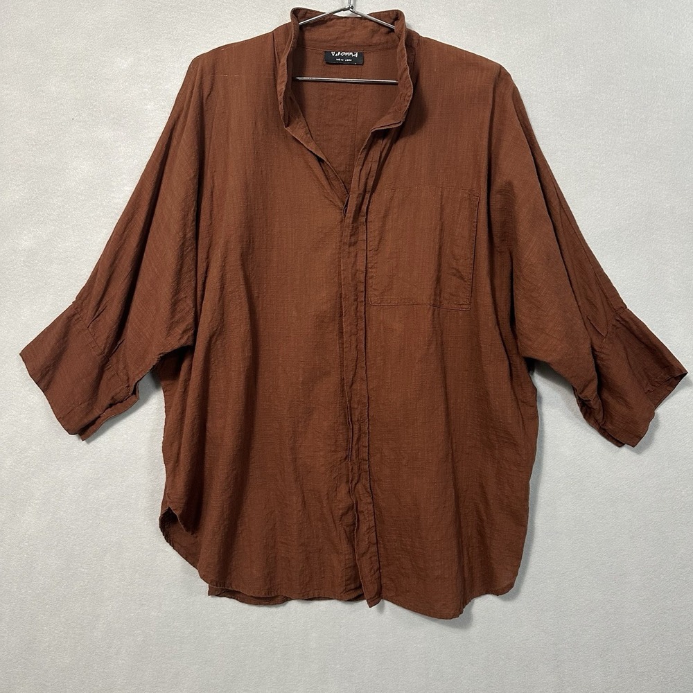 Vtg Dilemma Oversized Button Up Top Brown Artsy Lagenlook Cotton Women One Size